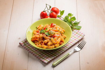 pasta with fresh salmon  tomatoes and mint