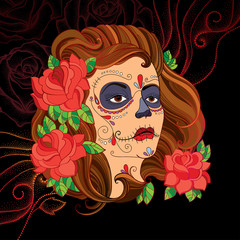 Vector illustration of woman face with Sugar skull or Calavera Catrina makeup on the black background with dotted red swirls. Design for Mexican Day of the dead or Dia de los Muertos in contour style.