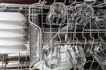 Dishes in a modern dishwasher machine