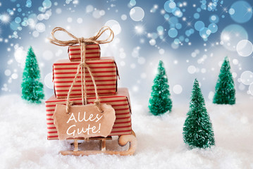 Christmas Sleigh On Blue Background, Alles Gute Means Best Wishes