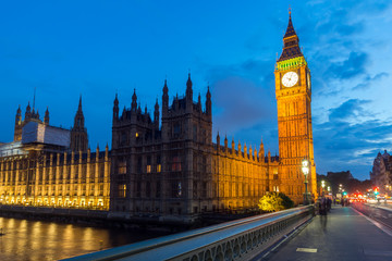 Night photo of Houses Westminster Bridge and Big Ben, London, England, United Kingdom