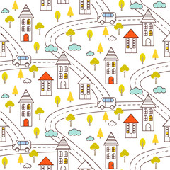 Fototapeta premium Outline countryside seamless vector pattern. Village with road, houses, car and trees repeat background. Line style partially colored landscape.