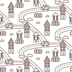 Outline village seamless vector pattern. Countryside landscape with road, houses, car and fields repeat background. Line style coloring page.