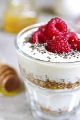 Layered yogurt dessert with granola,chia seed and fresh raspberr