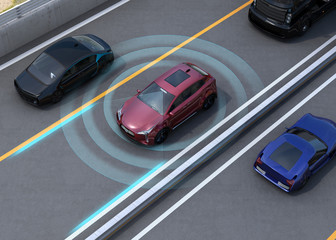 Fototapeta na wymiar Concept illustration for auto braking, lane keeping functions. 3D rendering image.