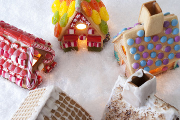 Colorful Gingerbread Houses, Snow, Copy Space