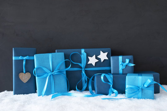 Blue Christmas Gifts, Black Cement Wall, Snow