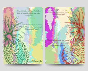 Bright brochure flyer vector template with hand drawn pineapples silhouette. Vector illustration