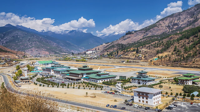 mountain landscape with village and mini airport