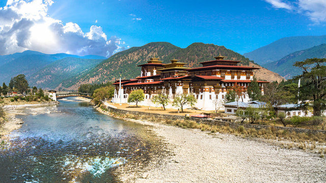 The Punakha Dzong Monastery in Bhutan Asia one of the largest monestary in Asiawith the landscape and mountains background, Punakha,Bhutan