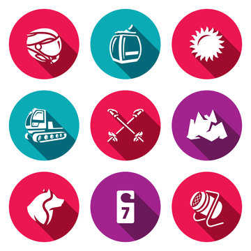 Vector Set of Ski Resort Icons. Helmet, Funicular, Weather, Machine rolling slope, Poles, Mountain, Rescue Dog, Hotel, Snow Cannon.