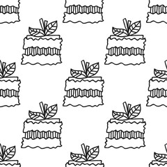 Black and white seamless pattern with cakes for coloring books.