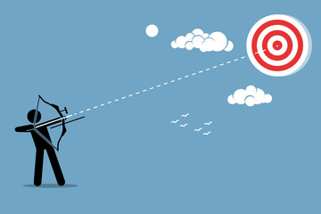 Person using a bow to aim and shoot an arrow to a target in the sky. Vector artwork depicts ambition, mission, objective, success, and achievement.