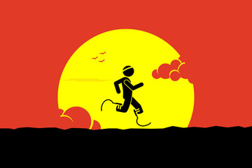 Handicap runner running with running blades or prosthetics leg with a big sun and cloud at the background. Vector artwork depicts a strong determined, disable sport man.