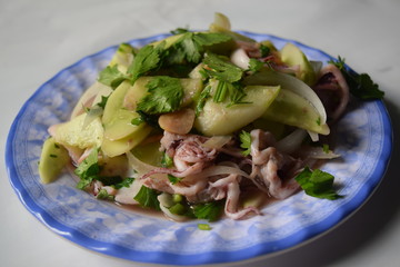fried seafood plate of squid,cucumber, onion and Coriander