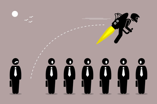 Businessman flying away with a jetpack from his colleague. Vector artwork depicts career breakthrough, development, boost, improvement, and rise.