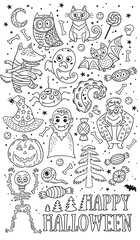 Set of cartoon characters and elements for Halloween. Outline drawing.