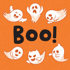 Halloween card with scary white ghosts