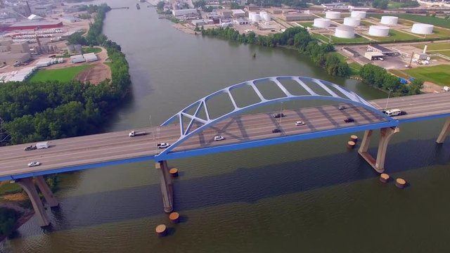 Scenic Leo Frigo Memorial Bridge in Green Bay, Wisconsin. AKA, Tower Drive Bridge.  Aerial Flyover.