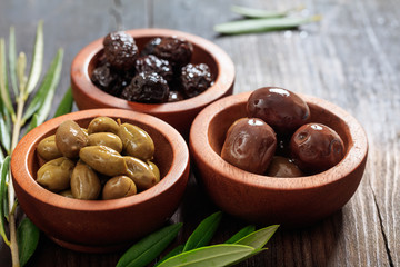 Variety of olives in bowls