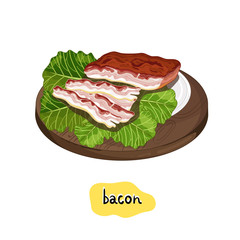Bacon slice on cutting board isolated on white background vector illustration. Roasted meat, bbq concept.