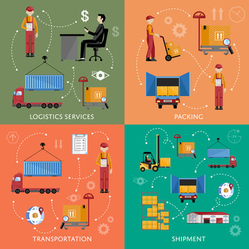 Warehouse process infographics four banners. Supply chain illustration. Logistic concept vector illustration. Forklift on the work.