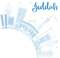 Outline Jeddah Skyline with Blue Buildings and Copy Space.