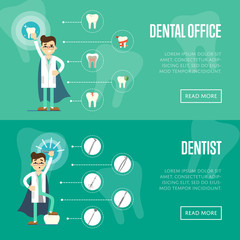 Dental office horizontal website templates with male dentist in medical uniform and superhero cape on green background with instrument and teeth icons, vector illustration. Oral hygiene, tooth health