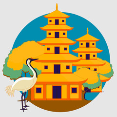Chinese Temple with Crane Bird