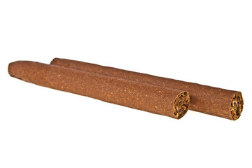 Brown cigars on a white background