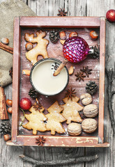 Cup of coffee and christmas symbol in wooden box