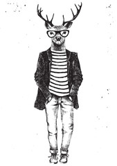 Obraz premium Ręcznie rysowane ubrany jelenia w stylu hipster