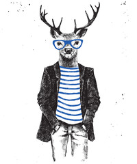 Naklejka premium Hand drawn dressed up deer in hipster style