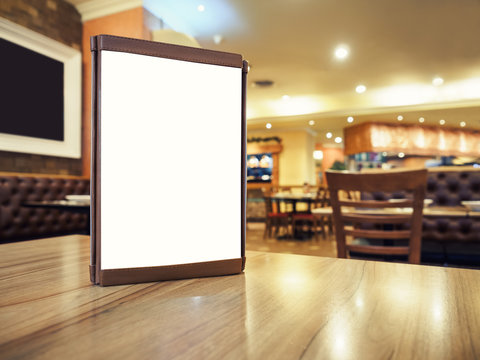 Mock up Menu frame on Table in Bar restaurant cafe Background