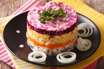 layered salad with herring, beets, carrots, onions, potatoes and eggs close-up
