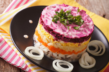 Russian food: holiday herring salad with vegetables close-up. Horizontal
