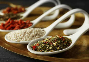 Different spices in spoons on tray