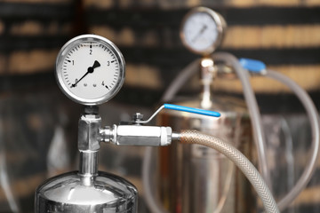 Pressure meter in wine cellar, closeup