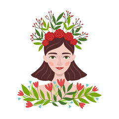 Young beautiful girl and summer flowers. Human and nature. Vector illustration.