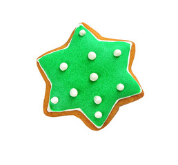 Delicious Christmas cookie on white background