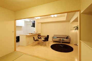 住宅　マンション　LDKと和室とキッチン　家具インテリアあり　照明　タングステン光　施工例