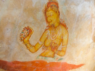 Ancient fresco in the cave temple, Sigiriya, Sri Lanka, Asia