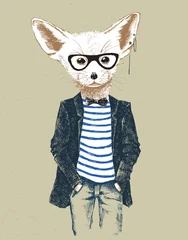 Tuinposter Hand drawn dressed up fennec in hipster style © Marina Gorskaya