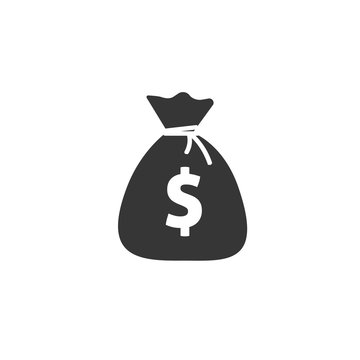 Money bag flat icon vector pictogram isolated, black and white sack with dollars, cartoon moneybag