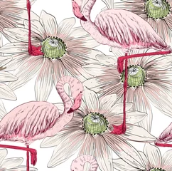 Cercles muraux Flamant Croquis de vecteur d& 39 un flamant rose avec des fleurs. Illustration dessinée à la main