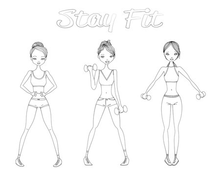 Sketch Stay Fit Vector People Set Illustration with Fitness Girls, Sportswear and Dumbbells. Isolated Sketch Vector Fitness Models Collections
