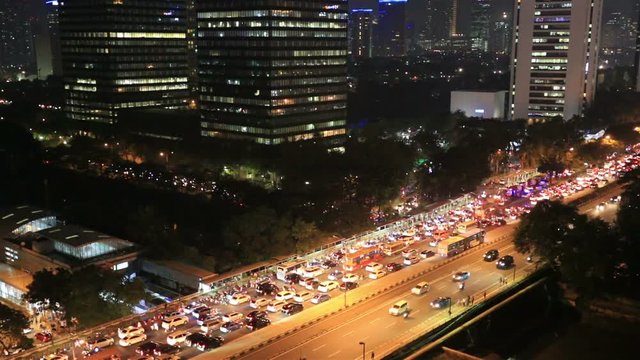 Traffic along Jalan Sudirman in Jakarta business district in Indonesia capital city.