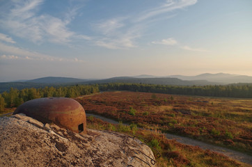 Morning sunrise Brdy hills landscape from concrete bunker