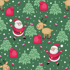Christmas seamless pattern with Santa Claus's image, a deer and a bag with Christmas gifts