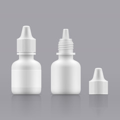 Vector nasal spray. Open and closed white plastic bottles. Container with medical drug for nose. Blank packing - vector isolated illustration